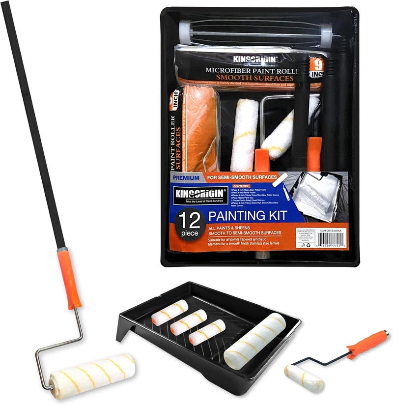 KingOrigin King Origin Paint Roller Kit with Extension Pole (3 ft), 9" & 4" Paint Rollers, Frame, Tray - 12-Piece Paint Supplies for Painting Walls, Home Interior - Image 1